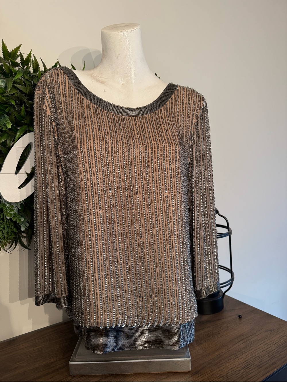 Parker Metallic Taupe & Gunmetal Scoop Neck Long Sleeve Top
